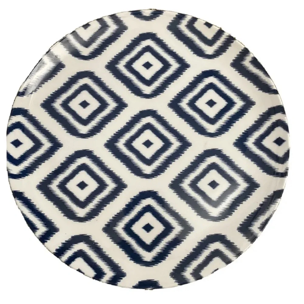 Jonathon Adler 11” Melamine Dinner chop Plate platter Blue White diamond pattern